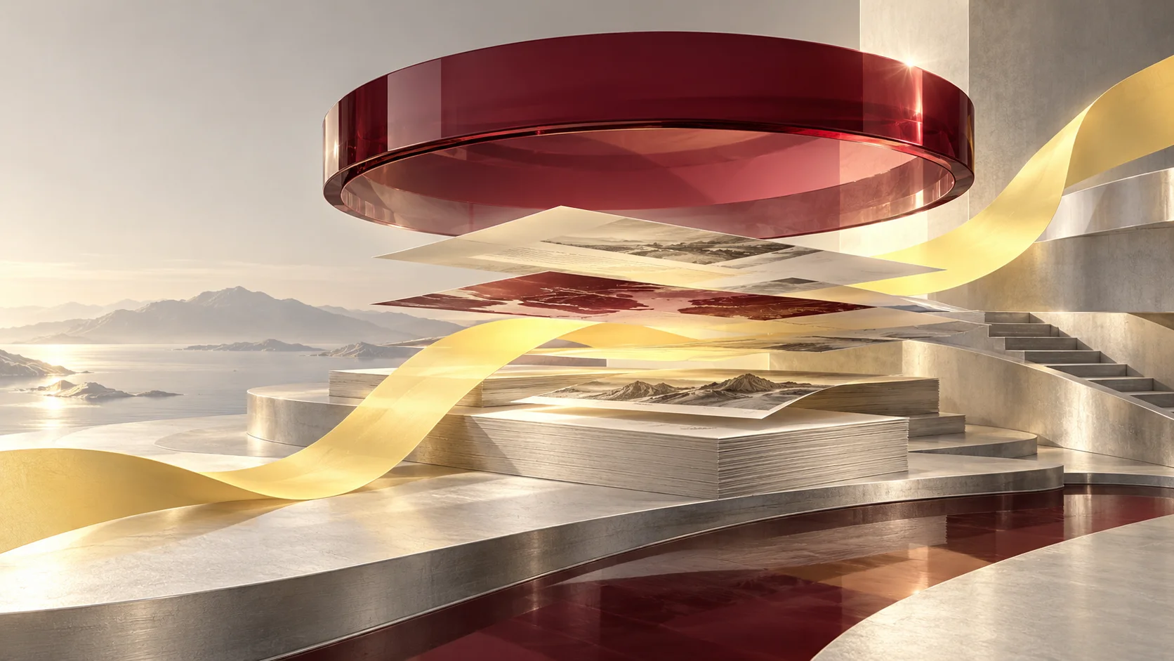 A yellow evidence ribbon connects silver document layers beneath a burgundy lens